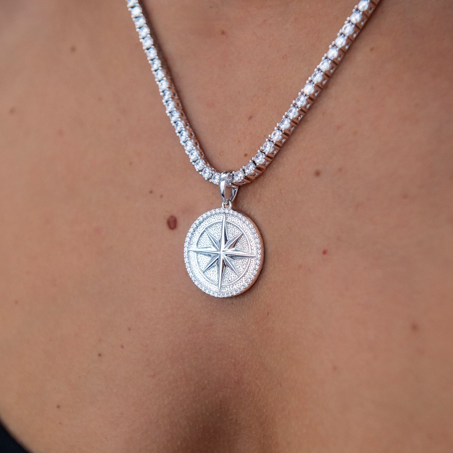 Compass Coin Pendant in White Gold