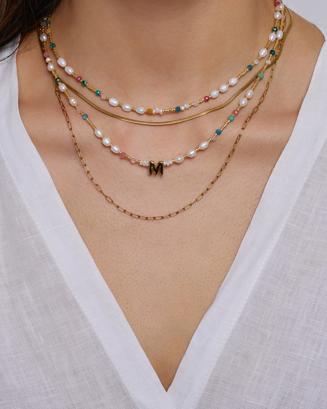 Beaded Gemstone and Pearl Initial Necklace