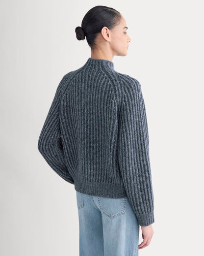 Funnel-Neck Ribbed Henley Sweater | Indigo
