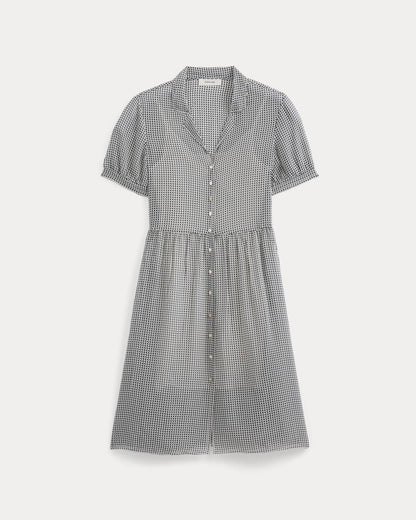 Notch Collar Shirtdress in Silk Georgette | Gardenia/Black Micro Dot
