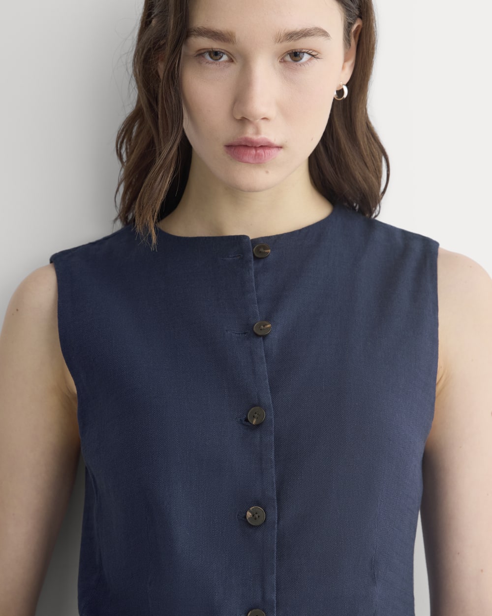 Long Vest in Stretch Linen | Navy
