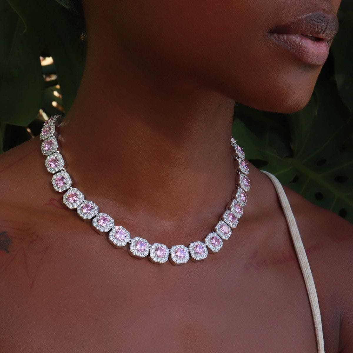 Clustered Tennis Necklace w/ Pink Stones