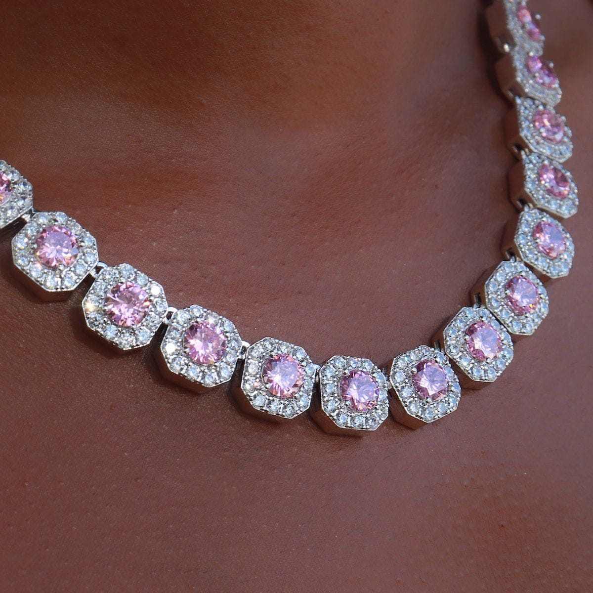 Clustered Tennis Necklace w/ Pink Stones