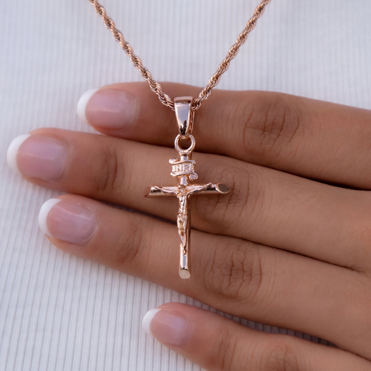 Crucifix Pendant + 2MM Rope Necklace Bundle in Rose Gold