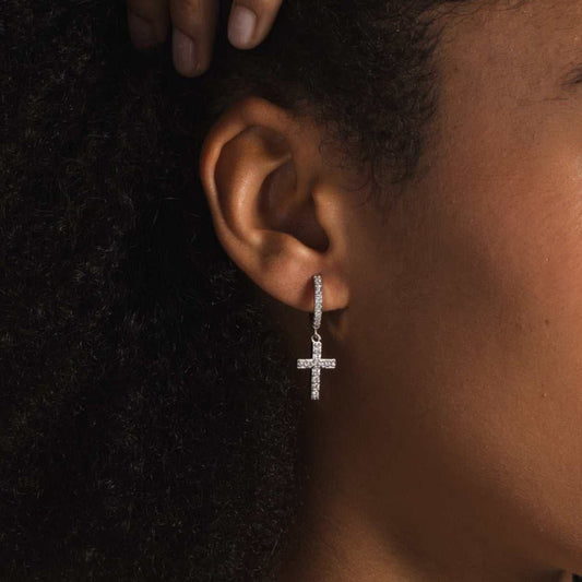 Diamond Cross Micro Huggie Hoop Earrings in White Gold