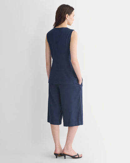Long Vest in Stretch Linen | Navy