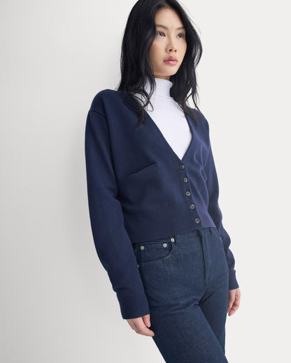 Deep V-Neck Cardigan in Cotton Merino | Navy