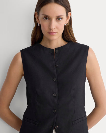Long Vest in Stretch Linen | Black
